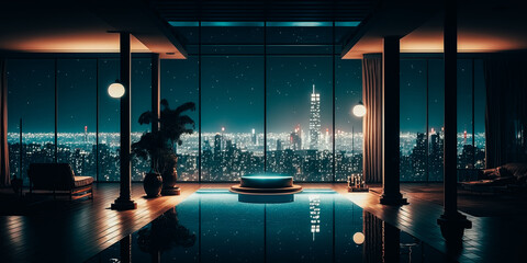 A breathtaking view of the city from a luxurious penthouse with a stunning swimming pool - obrazy, fototapety, plakaty