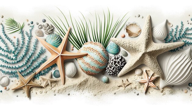 Summer travel background from beach sand with starfish and seashell. Top view.