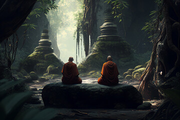 Meditating monks in peaceful jungle forest environment near lake, practicing breath work in robes.