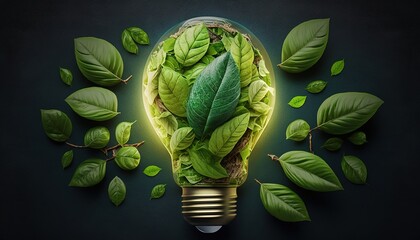 Fototapeta na wymiar Green eco friendly lightbulb from fresh leaves top view. Energy saving, ecology and environment sustainable resources conservation concept...
