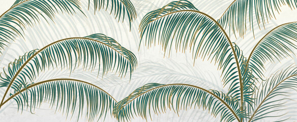 Tropical palm leaves with golden line elements on white background. Botanical banner with exotic plants for wallpaper design, decor, packaging, print, textile.