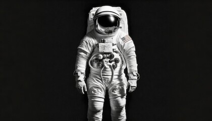 Fototapeta na wymiar a black and white photo of an astronaut in a spacesuit on a black background with a space shuttle attached to the side of the astronaut's body. generative ai