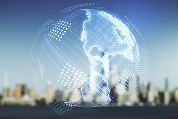 Virtual digital map of North America on blurry skyline background, international trading concept. Multiexposure