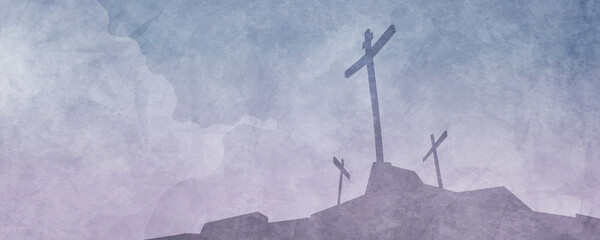 A silhouette of three empty crosses at Calvary, with clouds in background. Symbolic of Easter, Good Friday, and the resurrection of Jesus Christ.