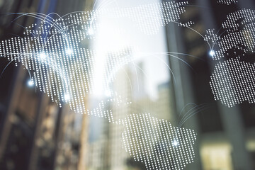 Abstract graphic digital world map hologram with connections on modern architecture background, globalization concept. Multiexposure