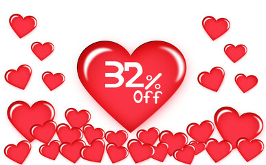 32% discount on floating heart. Number thirty two white