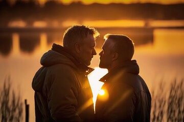 Standing mature gay men couple close to each other in front of a lake at sunset with the sun setting behind them. Generative AI	
