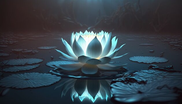  a large white flower sitting on top of a lake of water surrounded by lily pads and lily padding in the dark night light of the day.  generative ai
