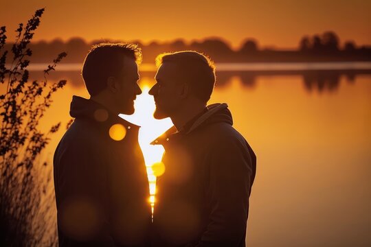 Standing Mature Gay Men Couple Close To Each Other In Front Of A Lake At Sunset With The Sun Setting Behind Them. Generative AI	
