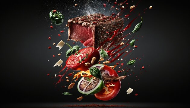  a piece of meat with tomatoes, peppers, and spices flying out of the top of it on a black background with a splash of red paint.  generative ai