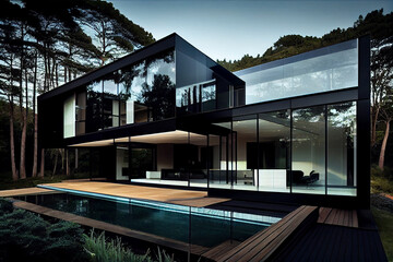 House minimaist black hill wood modern glass swiming pool patio terraces.