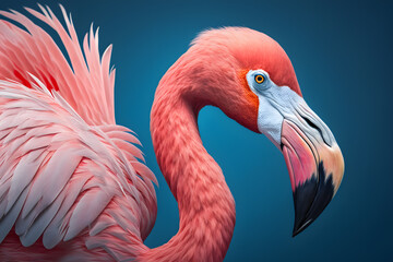 Pink flamingo close-up against a blue background. Realistic bird illustration. Created with Generative AI technology. - obrazy, fototapety, plakaty