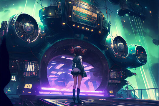 Nightclub on spaceship girl standing with his back.