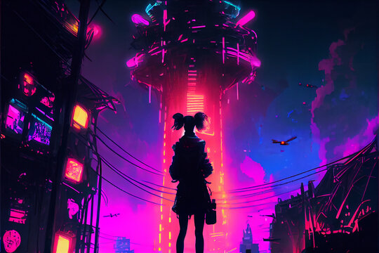 Nightclub on spaceship girl standing with his back.