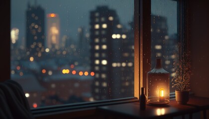  a window with a lit candle on it in front of a cityscape at night with a view of skyscrapers and a skyscraper.  generative ai
