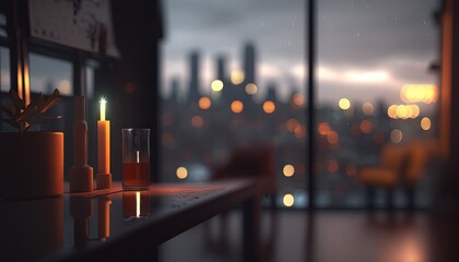  a table with candles and a view of a city at night from a window with a city skyline in the background and a city lit up in the distance.  generative ai