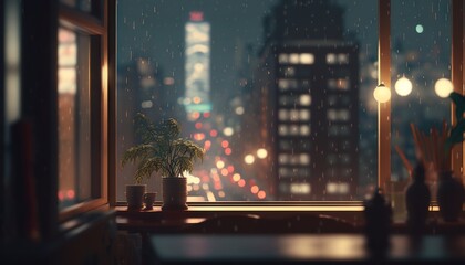  a potted plant sitting on a window sill in front of a cityscape at night with lights from a nearby building in the distance.  generative ai