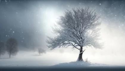 Poster Im Rahmen  a lone tree in a snowy landscape with a sunbeam in the background.  generative ai © Shanti