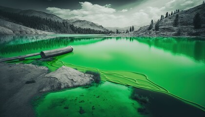 a green lake with a log in the middle of the water and mountains in the background with clouds in the sky and a dark sky.  generative ai - obrazy, fototapety, plakaty