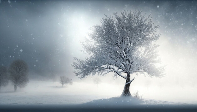  a lone tree in a snowy landscape with a sunbeam in the background.  generative ai