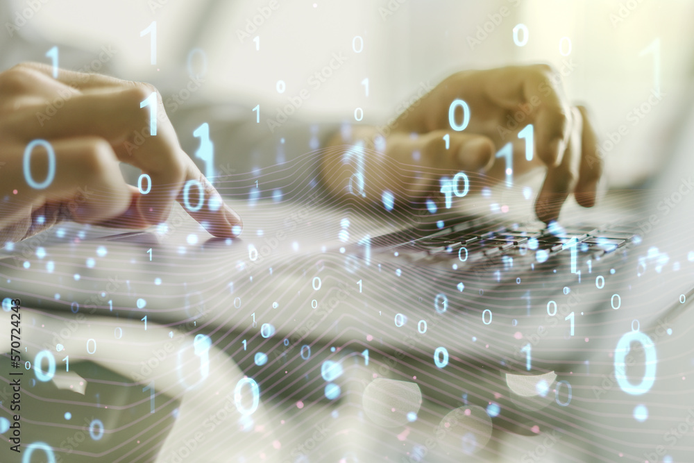 Aufkleber Creative abstract binary code hologram and hands typing on computer keyboard on background, AI and machine learning concept. Multiexposure