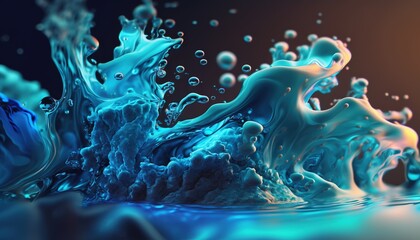  a blue and yellow liquid splashing into the water on a black background with a red light in the middle of the image and a black background.  generative ai