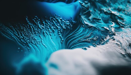  a close up of a blue and white wave with water droplets on it's surface and a black background with a white cloud in the middle.  generative ai