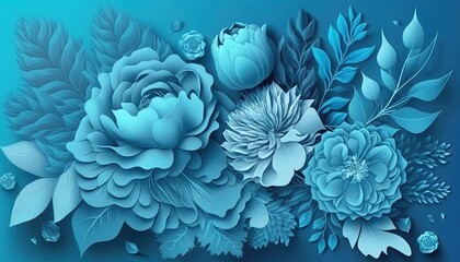  a bunch of blue flowers with leaves on a light blue background illustration of a bouquet of flowers with leaves and buds on a light blue background.  generative ai