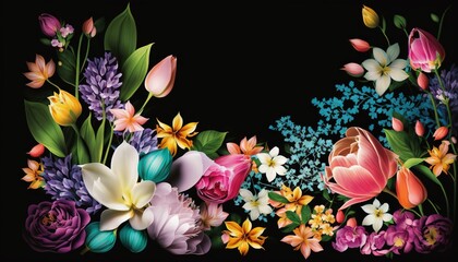  a bunch of flowers that are on a black background with a black border around it that has a bunch of flowers on it and a black background with a black border.  generative ai