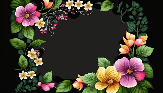  a floral frame with flowers and leaves on a black background stock photo - budget - free, high - quality, and easy to use.  generative ai