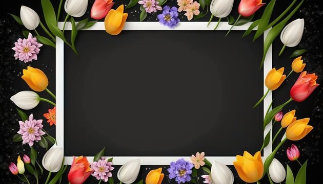  a square frame with tulips and other flowers on a black background photo - realistic illustration stock photo - budget - free stock photo.  generative ai