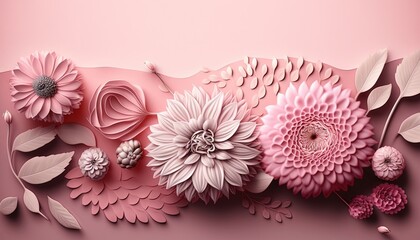  a bunch of flowers that are on a pink surface with leaves and flowers on it, and a pink background with pink flowers and leaves.  generative ai