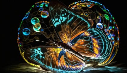  a colorful butterfly is sitting on a black surface with bubbles on it's wings and wings spread out, with a black background behind it is a black backdrop.  generative ai