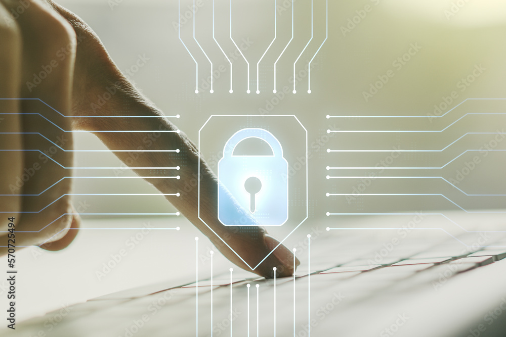 Leinwandbilder creative lock sketch with chip hologram and hands typing on computer keyboard on background, protect