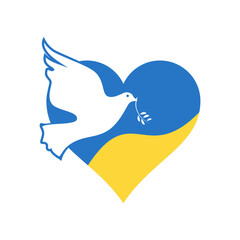 Obraz premium Flag of Ukraine in the form of a dove of peace. on heart. The concept of peace in Ukraine. Vector illustration isolated on white background for design and web.