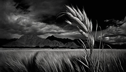  a black and white photo of a field with mountains in the background and clouds in the sky over the grass in the foreground is a black and white photo of the foreground.  generative ai