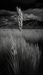  a black and white photo of a wheat field with a dark sky in the background and a mountain range in the distance with clouds in the distance.  generative ai