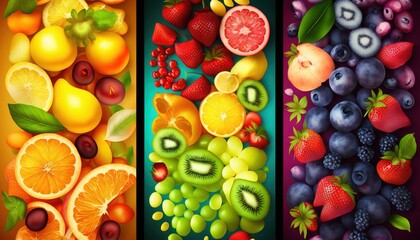  a set of three vertical banners with different fruits and berries on a green background, each with a different color scheme, each with a different amount of fruit.  generative ai