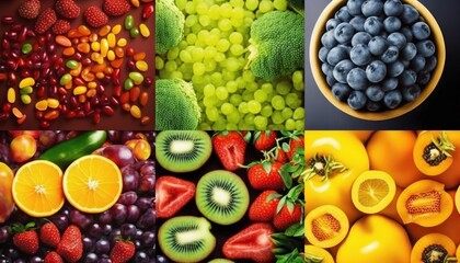  a collage of different fruits and vegetables with a bowl of fruit in the middle and a bowl of fruit in the middle of the picture.  generative ai