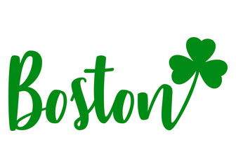 Logo del día de San Patricio. Letras de la palabra Boston con silueta de shamrock de 3 hojas. Texto manuscrito Boston para su uso en invitaciones y tarjetas
