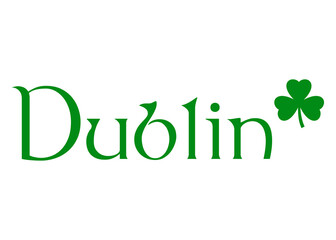 Logo del día de San Patricio. Letras de la palabra Dublin con silueta de shamrock de 3 hojas. Texto manuscrito Dublin para su uso en invitaciones y tarjetas