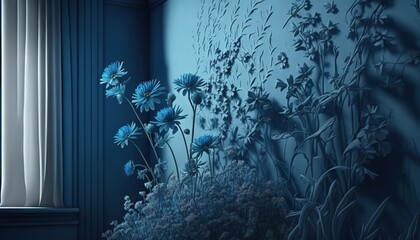  a blue room with flowers and plants on the wall and a window with curtains on the side of the room and a curtain on the side of the room.  generative ai