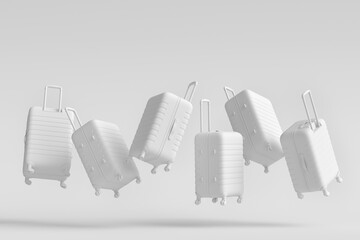 Colorful suitcase flying on monochrome background. 3D render of summer vacation