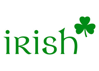 Logo del día de San Patricio. Letras de la palabra irish con silueta de shamrock de 3 hojas. Texto manuscrito irish para su uso en invitaciones y tarjetas