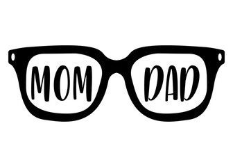 Logo con silueta aislada de gafas de sol con letras de la palabra mom y dad en texto manuscrito.