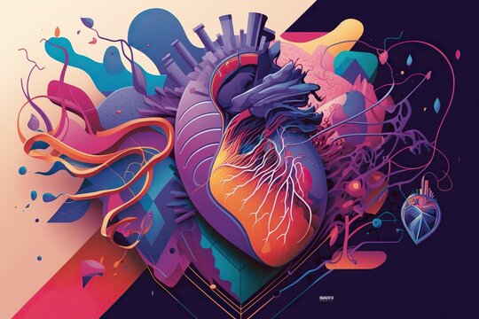 Stylized beating heart surrounded by array of abstract shapes in different shades of pink purple and blue, concept of Abstract Art and Color Theory, created with Generative AI technology