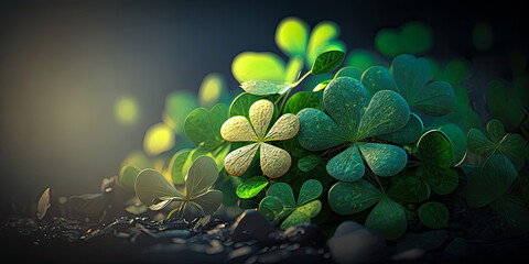 St. Patrick's Day banner, clover, background, wide, copyspace. Generative AI