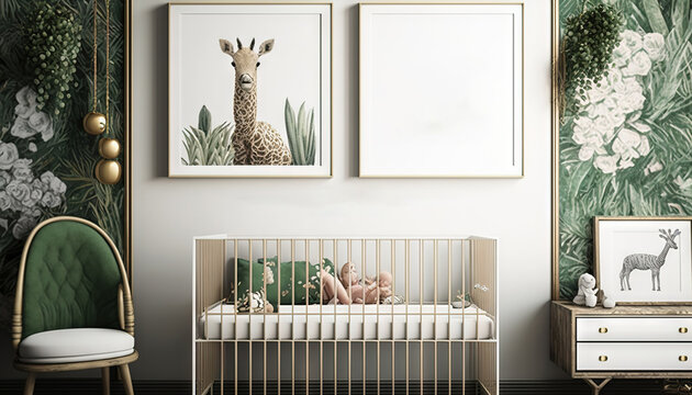  a baby's room with a crib, chair, and pictures on the wall with animals on them and a chair next to the crib.  generative ai