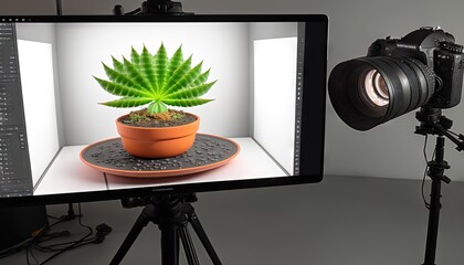  a potted plant on a plate on a tripod in front of a camera and a video screen with a camera on the side.  generative ai