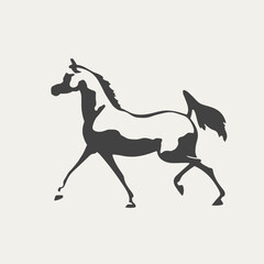 Beautiful Arabian horse is moving forward, black and white vector outline